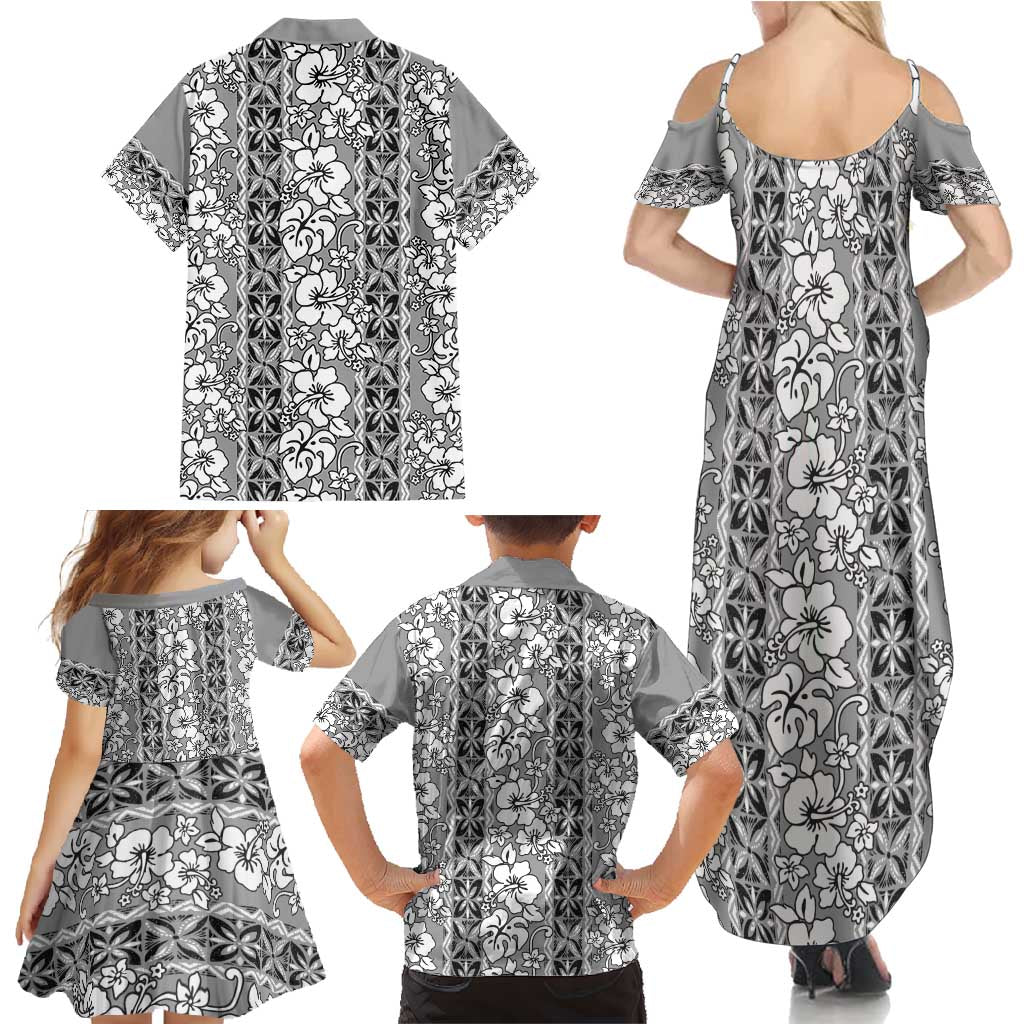 Hawaii Vintage Gray Hibiscus Tapa Pattern Family Matching Summer Maxi Dress and Hawaiian Shirt LT05 - Polynesian Pride