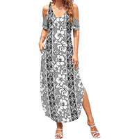 Hawaii Vintage Gray Hibiscus Tapa Pattern Family Matching Summer Maxi Dress and Hawaiian Shirt LT05 Mom's Dress Gray - Polynesian Pride