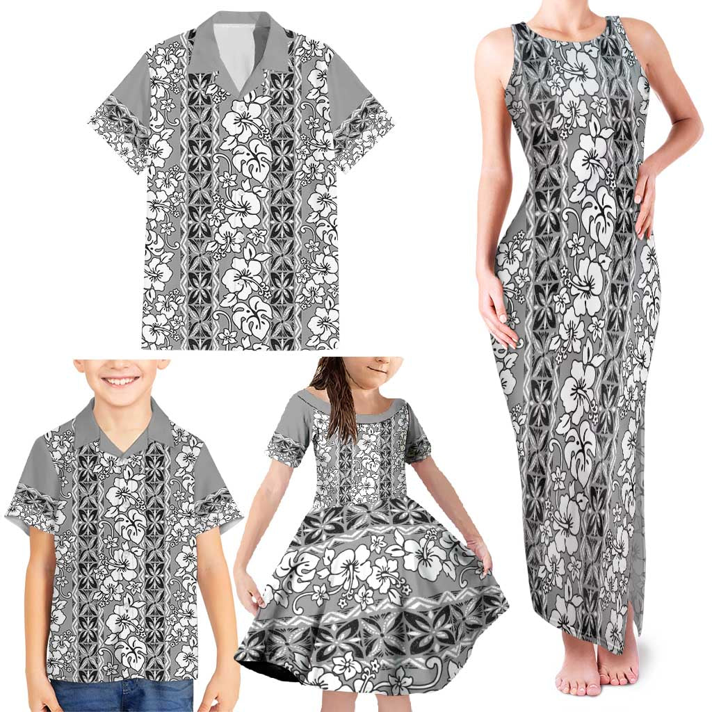 Hawaii Vintage Gray Hibiscus Tapa Pattern Family Matching Tank Maxi Dress and Hawaiian Shirt LT05 - Polynesian Pride