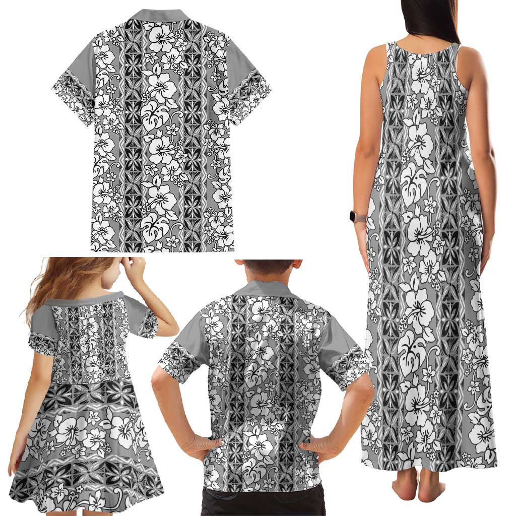 Hawaii Vintage Gray Hibiscus Tapa Pattern Family Matching Tank Maxi Dress and Hawaiian Shirt LT05 - Polynesian Pride