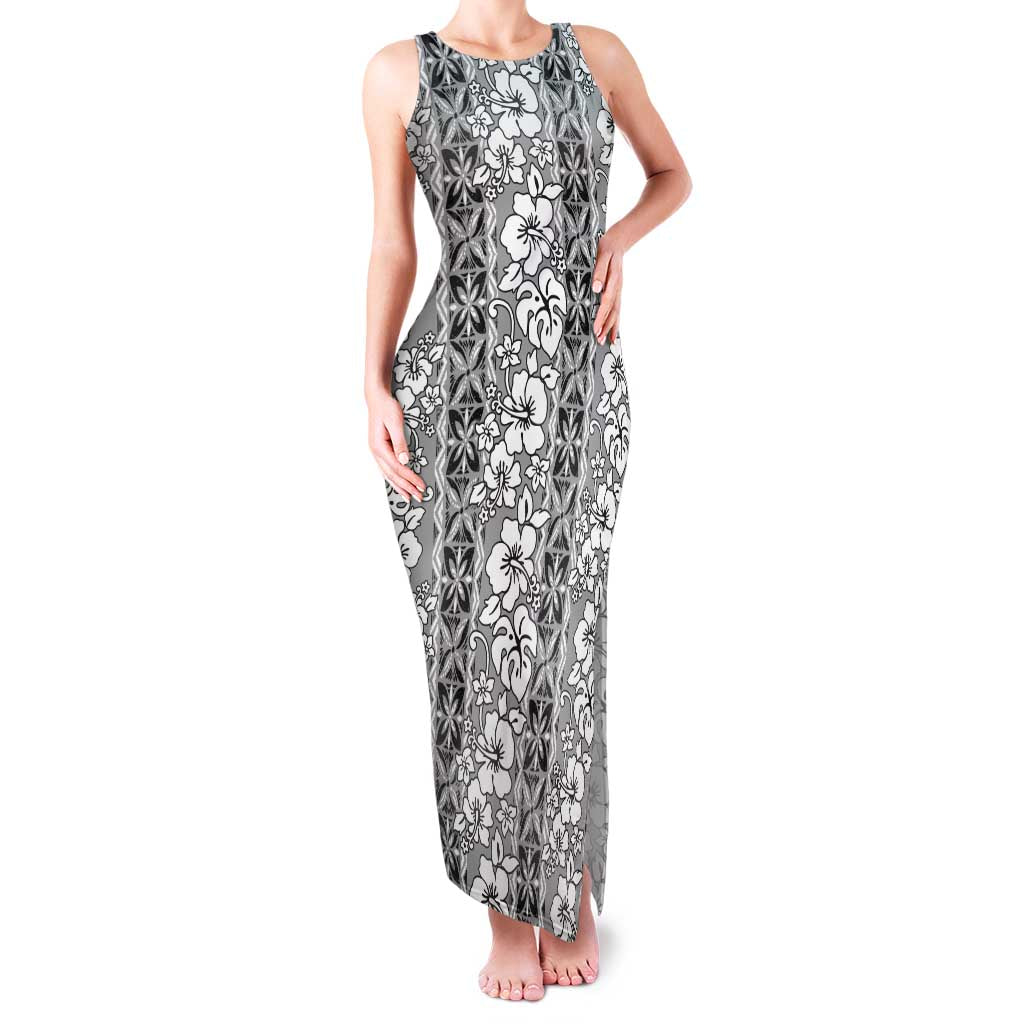 Hawaii Vintage Gray Hibiscus Tapa Pattern Family Matching Tank Maxi Dress and Hawaiian Shirt LT05 Mom's Dress Gray - Polynesian Pride