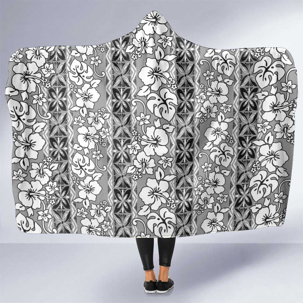 Hawaii Vintage Gray Hibiscus Tapa Pattern Hooded Blanket LT05 One Size Gray - Polynesian Pride