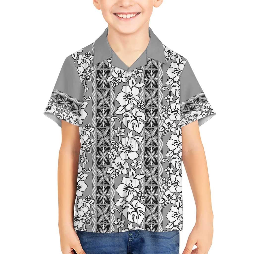 Hawaii Vintage Gray Hibiscus Tapa Pattern Kid Hawaiian Shirt LT05 Kid Gray - Polynesian Pride