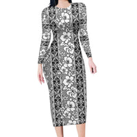 Hawaii Vintage Gray Hibiscus Tapa Pattern Long Sleeve Bodycon Dress LT05 Long Dress Gray - Polynesian Pride