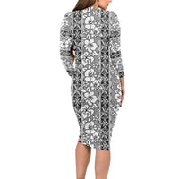 Hawaii Vintage Gray Hibiscus Tapa Pattern Long Sleeve Bodycon Dress LT05 - Polynesian Pride