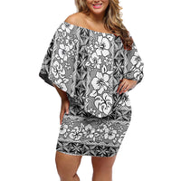 Hawaii Vintage Gray Hibiscus Tapa Pattern Off Shoulder Short Dress LT05 Women Gray - Polynesian Pride