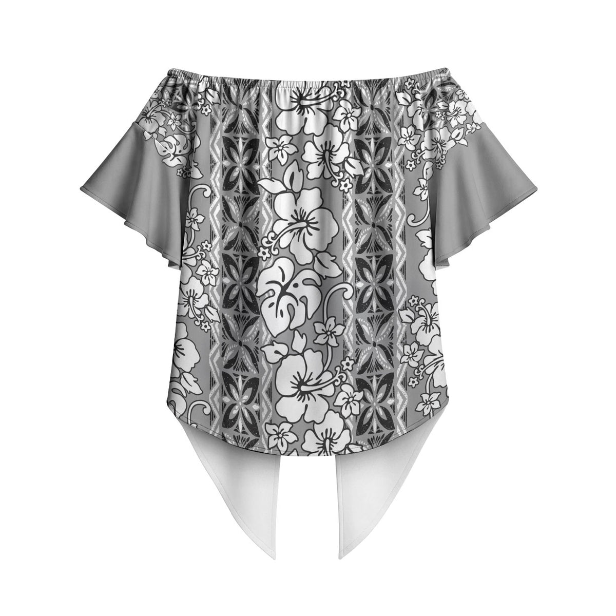 Hawaii Vintage Gray Hibiscus Tapa Pattern Off Shoulder Wrap Waist Top LT05 - Polynesian Pride