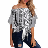 Hawaii Vintage Gray Hibiscus Tapa Pattern Off Shoulder Wrap Waist Top LT05 - Polynesian Pride
