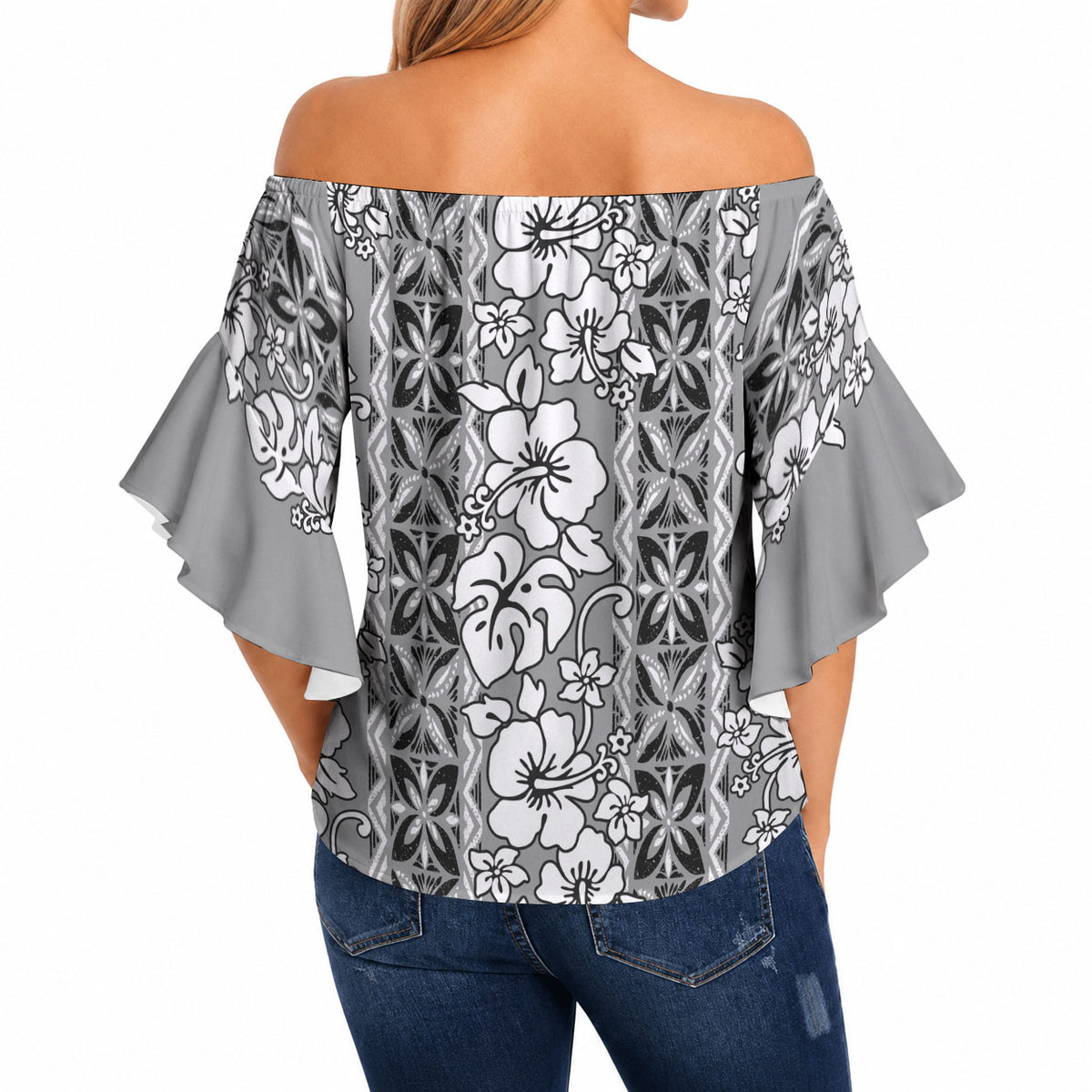 Hawaii Vintage Gray Hibiscus Tapa Pattern Off Shoulder Wrap Waist Top LT05 - Polynesian Pride