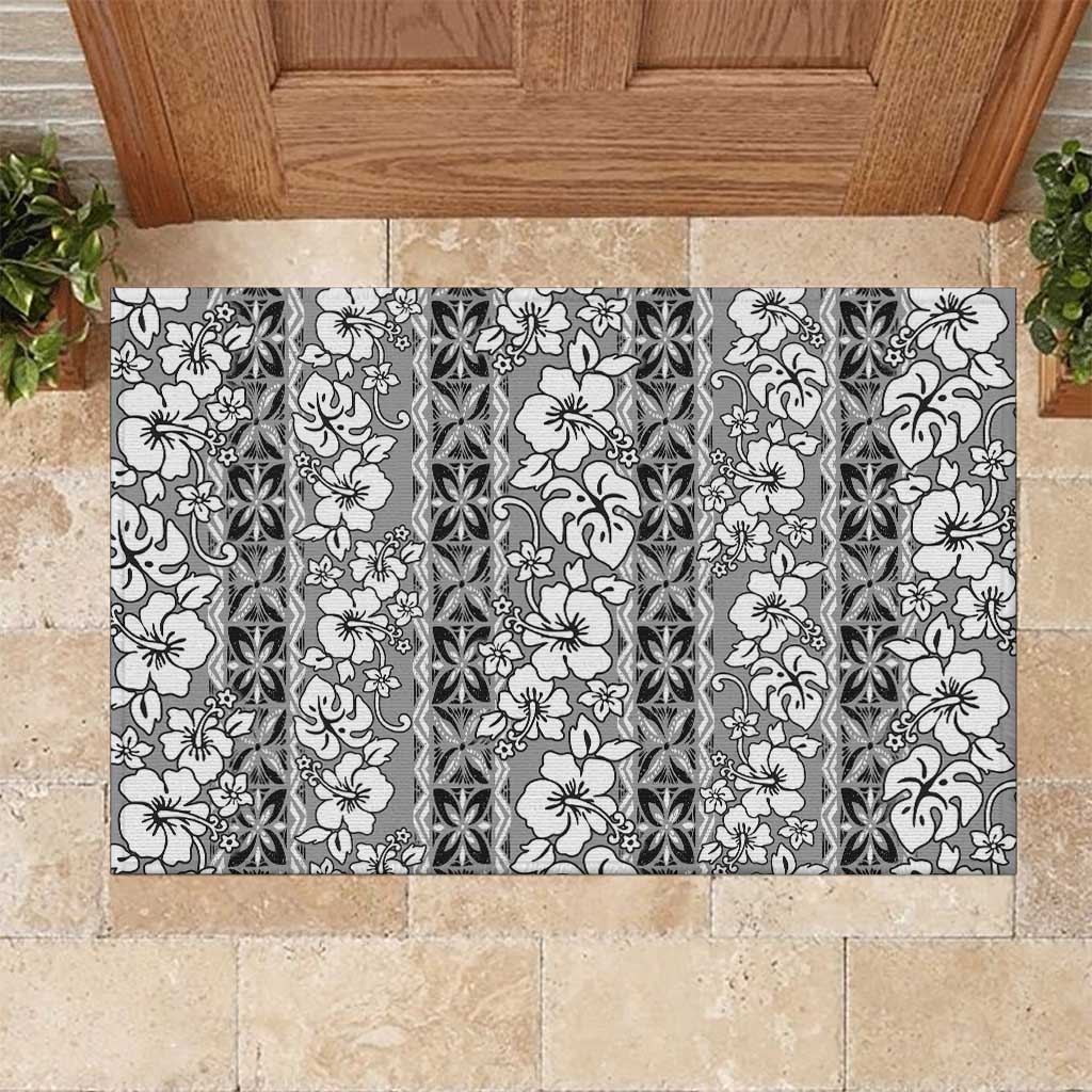 Hawaii Vintage Gray Hibiscus Tapa Pattern Rubber Doormat