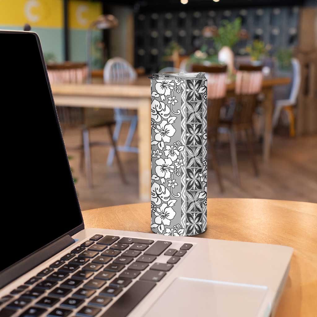 Hawaii Vintage Gray Hibiscus Tapa Pattern Skinny Tumbler