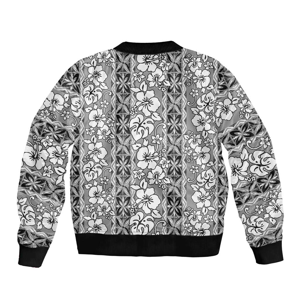 Hawaii Vintage Gray Hibiscus Tapa Pattern Sleeve Zip Bomber Jacket