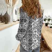 Hawaii Vintage Gray Hibiscus Tapa Pattern Women Casual Shirt