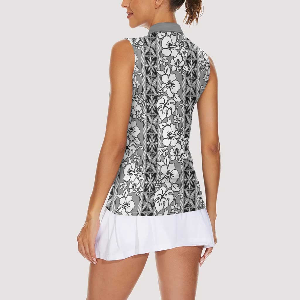 Hawaii Vintage Gray Hibiscus Tapa Pattern Women Sleeveless Polo Shirt