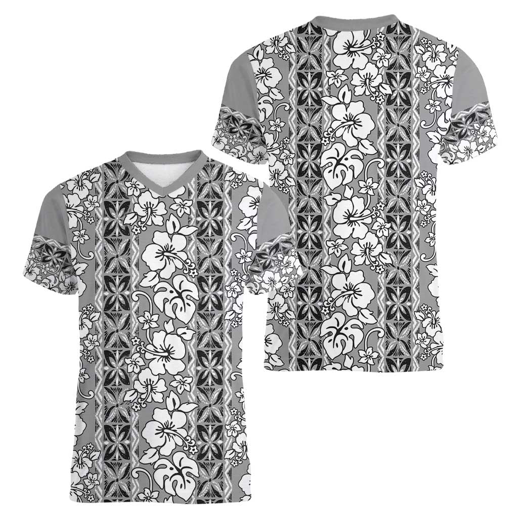 Hawaii Vintage Gray Hibiscus Tapa Pattern Women V-Neck T-Shirt