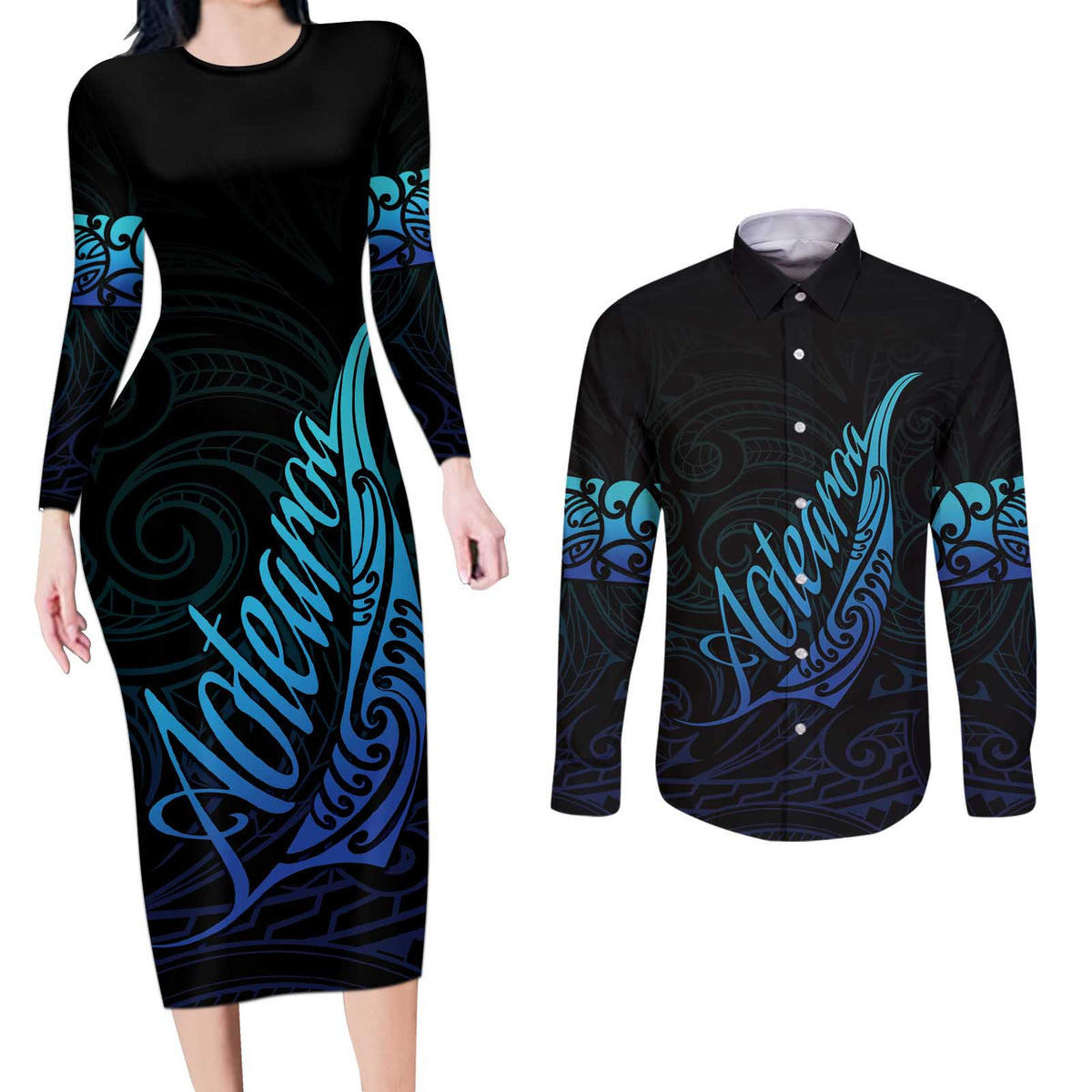 Aotearoa New Zealand Couples Matching Long Sleeve Bodycon Dress and Long Sleeve Button Shirt Koru Fern Blue Gradient LT05 Blue - Polynesian Pride