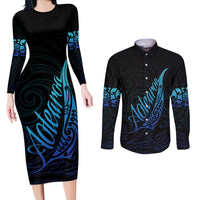 Aotearoa New Zealand Couples Matching Long Sleeve Bodycon Dress and Long Sleeve Button Shirt Koru Fern Blue Gradient LT05 Blue - Polynesian Pride