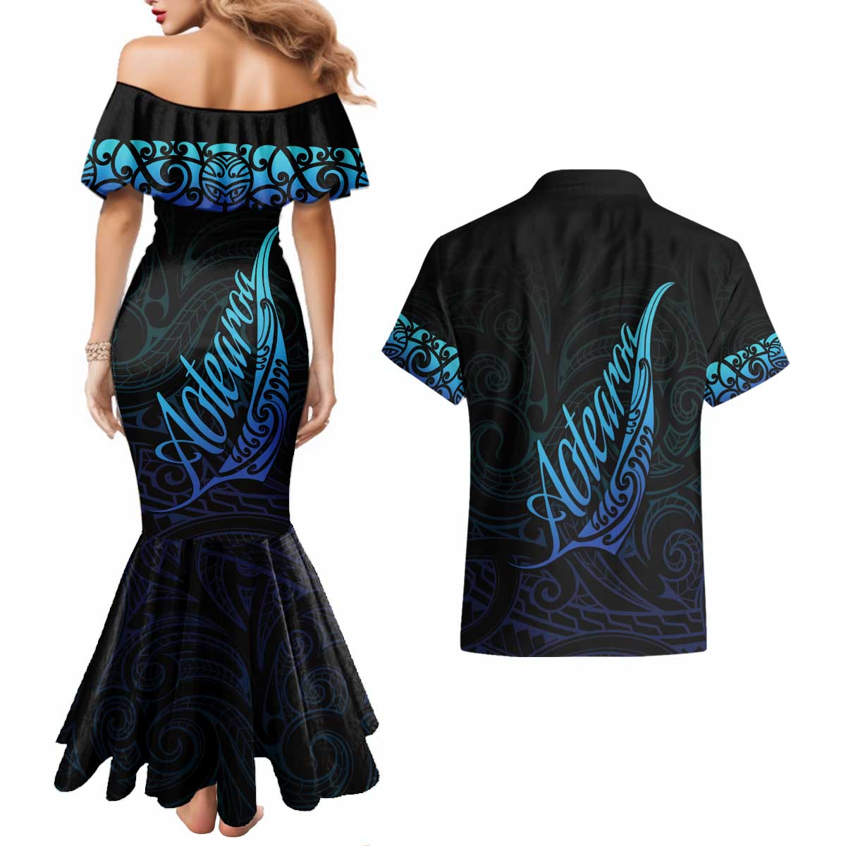 Aotearoa New Zealand Couples Matching Mermaid Dress and Hawaiian Shirt Koru Fern Blue Gradient LT05 - Polynesian Pride