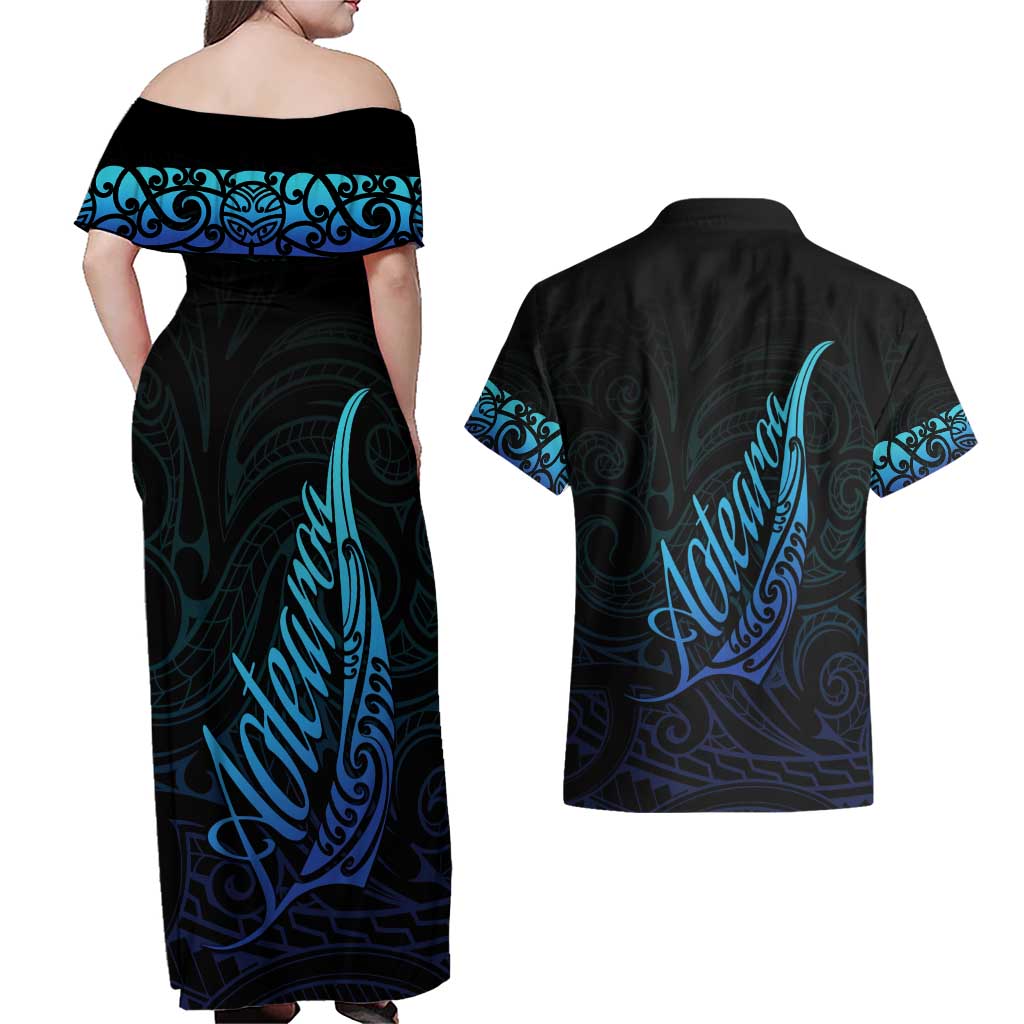 Aotearoa New Zealand Couples Matching Off Shoulder Maxi Dress and Hawaiian Shirt Koru Fern Blue Gradient LT05 - Polynesian Pride