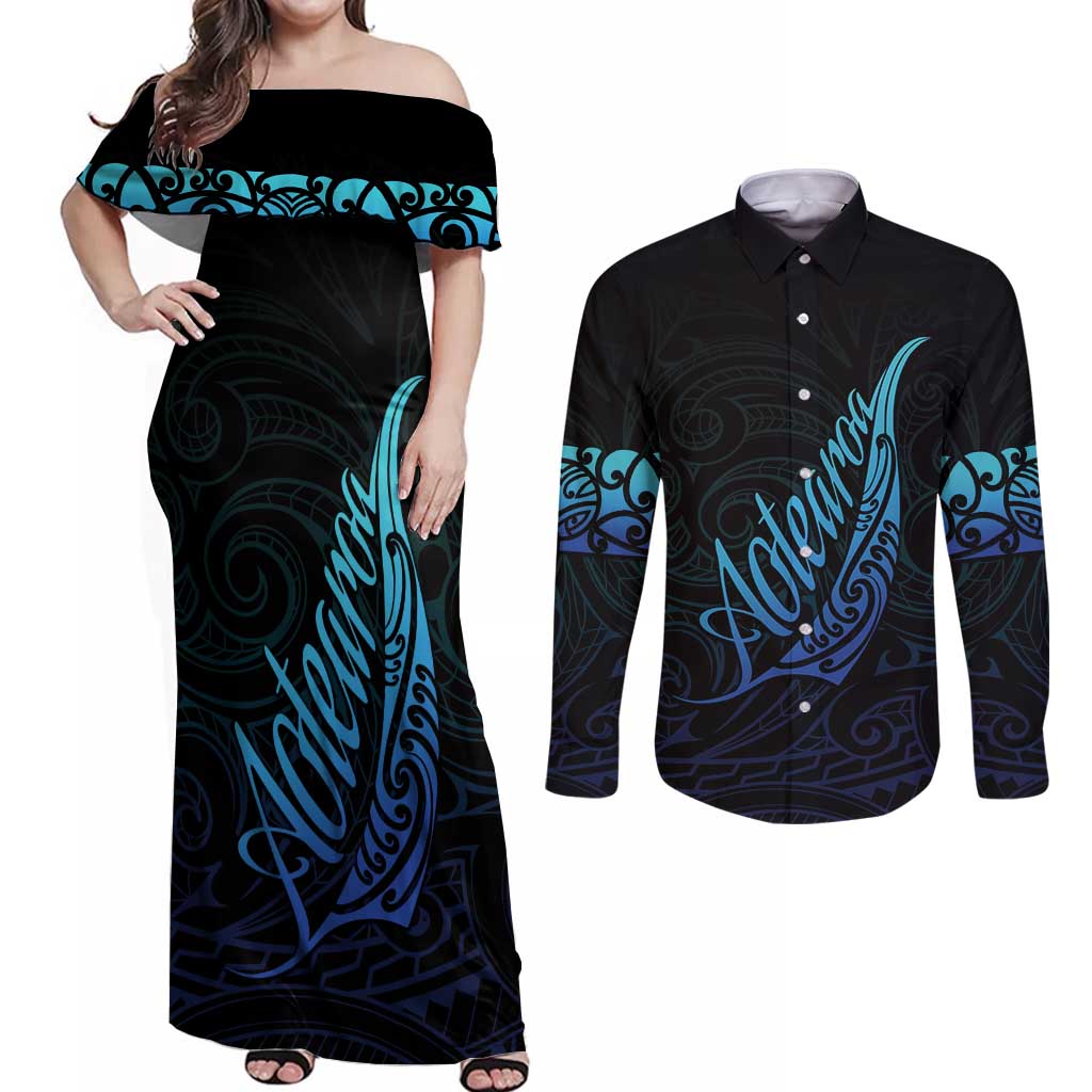Aotearoa New Zealand Couples Matching Off Shoulder Maxi Dress and Long Sleeve Button Shirt Koru Fern Blue Gradient LT05 Blue - Polynesian Pride