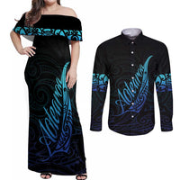Aotearoa New Zealand Couples Matching Off Shoulder Maxi Dress and Long Sleeve Button Shirt Koru Fern Blue Gradient LT05 Blue - Polynesian Pride