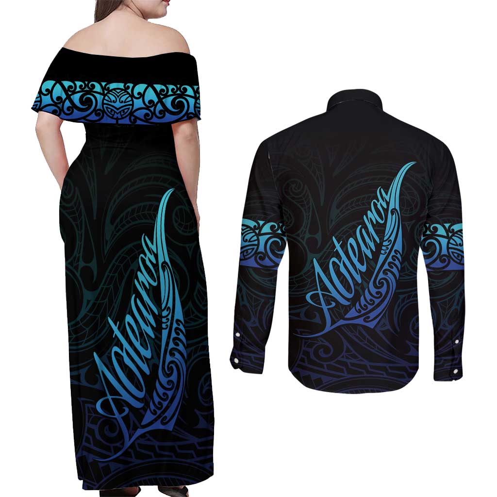 Aotearoa New Zealand Couples Matching Off Shoulder Maxi Dress and Long Sleeve Button Shirt Koru Fern Blue Gradient LT05 - Polynesian Pride
