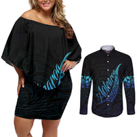 Aotearoa New Zealand Couples Matching Off Shoulder Short Dress and Long Sleeve Button Shirt Koru Fern Blue Gradient LT05 Blue - Polynesian Pride