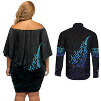 Aotearoa New Zealand Couples Matching Off Shoulder Short Dress and Long Sleeve Button Shirt Koru Fern Blue Gradient LT05 - Polynesian Pride