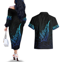 Aotearoa New Zealand Couples Matching Off The Shoulder Long Sleeve Dress and Hawaiian Shirt Koru Fern Blue Gradient LT05 - Polynesian Pride
