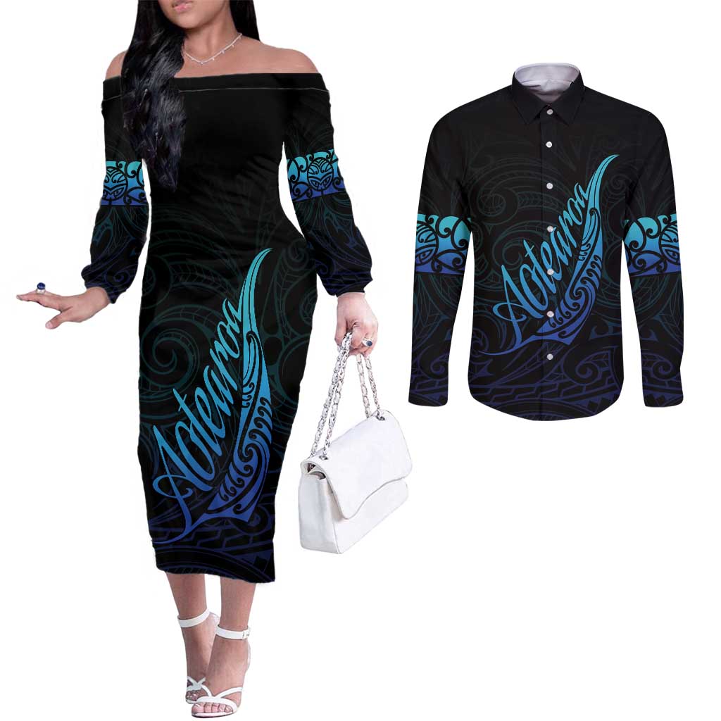 Aotearoa New Zealand Couples Matching Off The Shoulder Long Sleeve Dress and Long Sleeve Button Shirt Koru Fern Blue Gradient LT05 Blue - Polynesian Pride