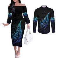 Aotearoa New Zealand Couples Matching Off The Shoulder Long Sleeve Dress and Long Sleeve Button Shirt Koru Fern Blue Gradient LT05 Blue - Polynesian Pride