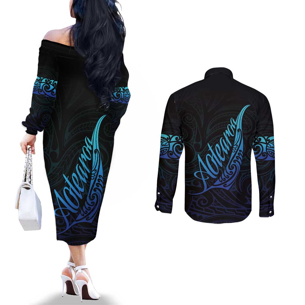 Aotearoa New Zealand Couples Matching Off The Shoulder Long Sleeve Dress and Long Sleeve Button Shirt Koru Fern Blue Gradient LT05 - Polynesian Pride