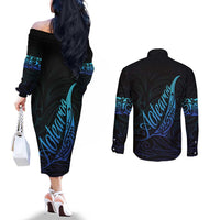 Aotearoa New Zealand Couples Matching Off The Shoulder Long Sleeve Dress and Long Sleeve Button Shirt Koru Fern Blue Gradient LT05 - Polynesian Pride