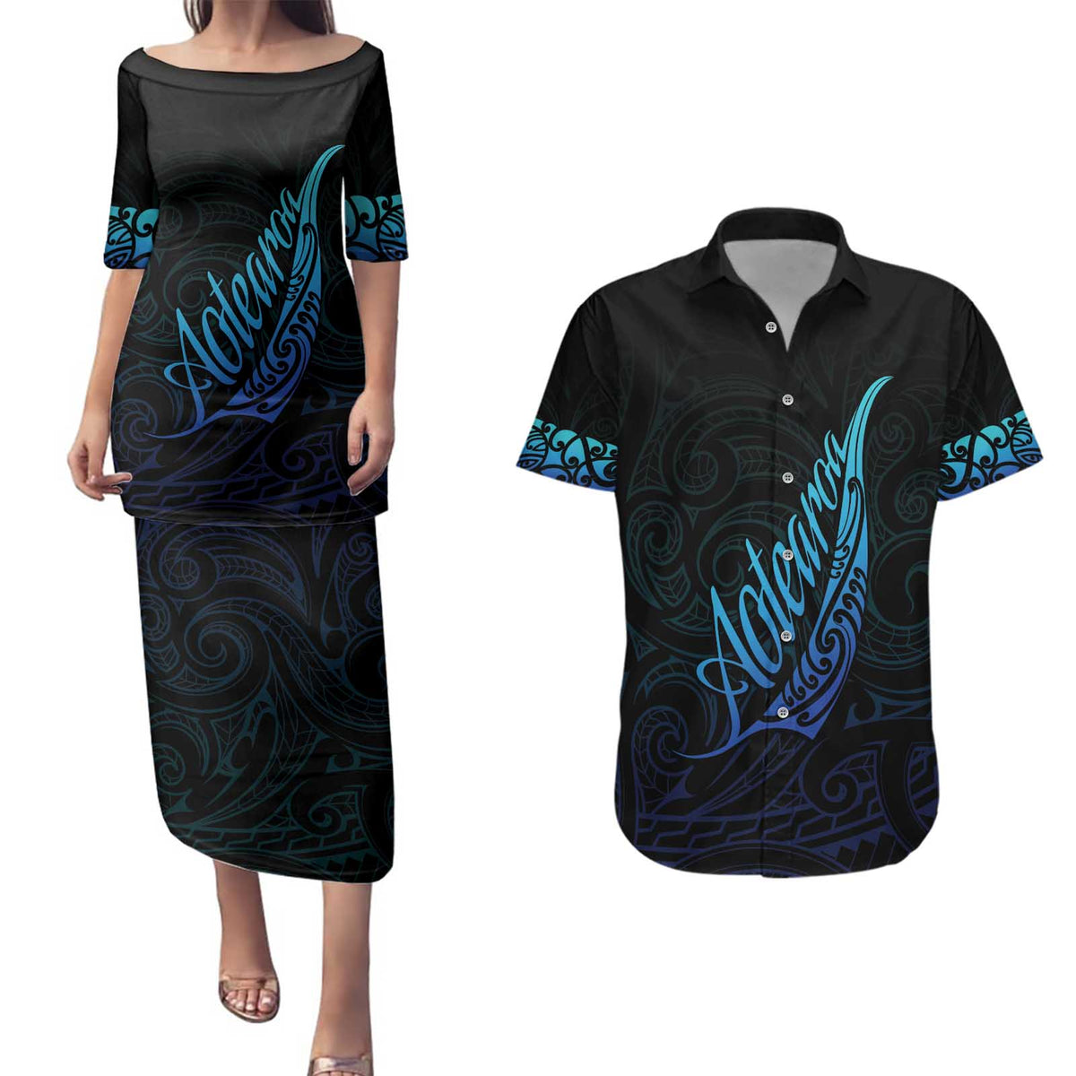 Aotearoa New Zealand Couples Matching Puletasi and Hawaiian Shirt Koru Fern Blue Gradient LT05 Blue - Polynesian Pride