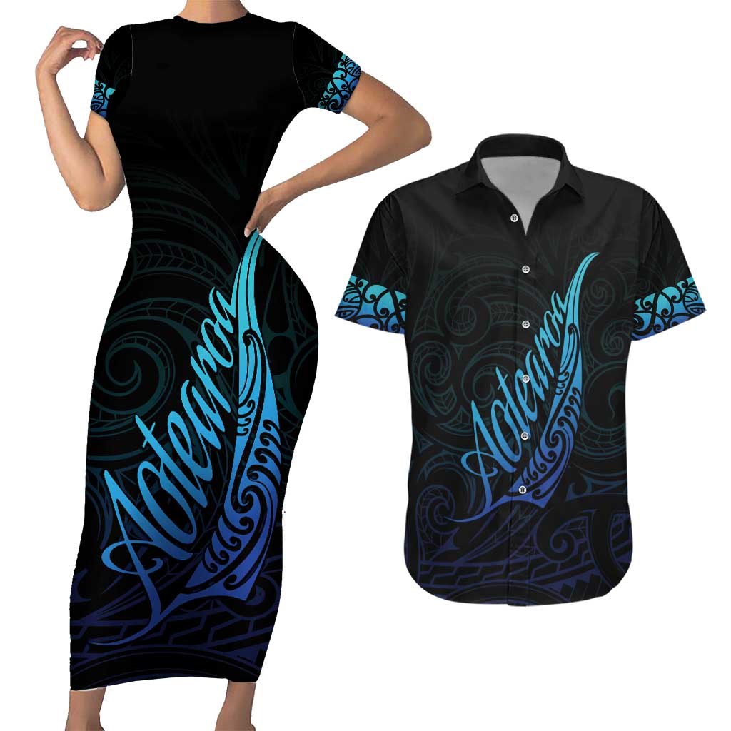 Aotearoa New Zealand Couples Matching Short Sleeve Bodycon Dress and Hawaiian Shirt Koru Fern Blue Gradient LT05 Blue - Polynesian Pride