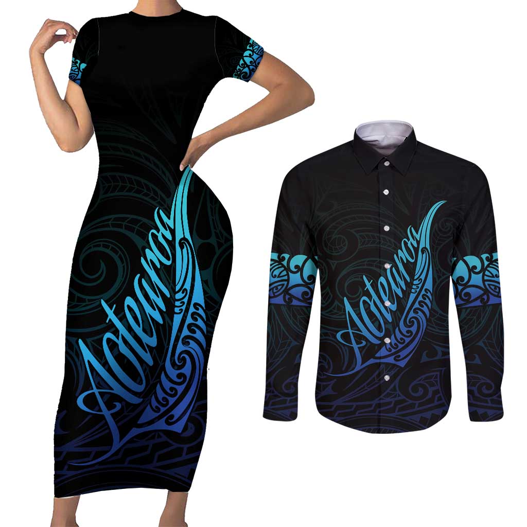 Aotearoa New Zealand Couples Matching Short Sleeve Bodycon Dress and Long Sleeve Button Shirt Koru Fern Blue Gradient LT05 Blue - Polynesian Pride