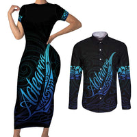 Aotearoa New Zealand Couples Matching Short Sleeve Bodycon Dress and Long Sleeve Button Shirt Koru Fern Blue Gradient LT05 Blue - Polynesian Pride