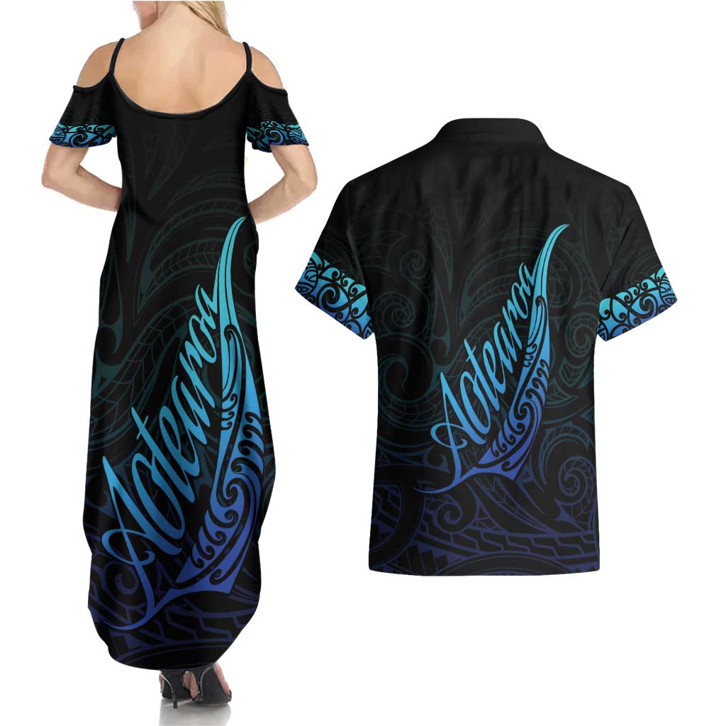 Aotearoa New Zealand Couples Matching Summer Maxi Dress and Hawaiian Shirt Koru Fern Blue Gradient LT05 - Polynesian Pride