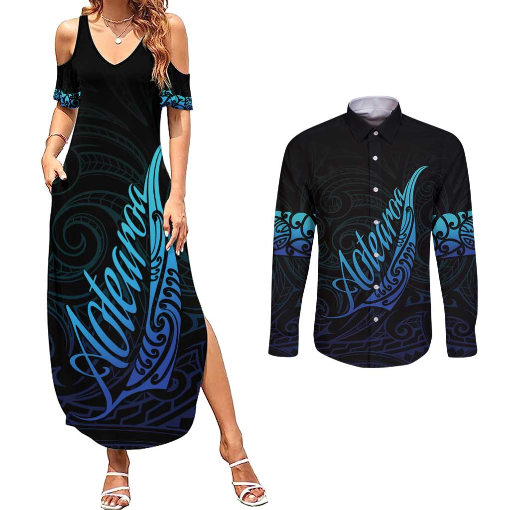 Aotearoa New Zealand Couples Matching Summer Maxi Dress and Long Sleeve Button Shirt Koru Fern Blue Gradient LT05 Blue - Polynesian Pride