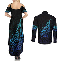 Aotearoa New Zealand Couples Matching Summer Maxi Dress and Long Sleeve Button Shirt Koru Fern Blue Gradient LT05 - Polynesian Pride