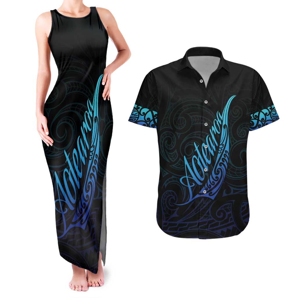 Aotearoa New Zealand Couples Matching Tank Maxi Dress and Hawaiian Shirt Koru Fern Blue Gradient LT05 Blue - Polynesian Pride