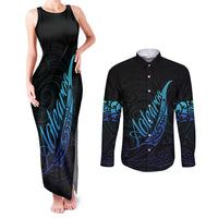 Aotearoa New Zealand Couples Matching Tank Maxi Dress and Long Sleeve Button Shirt Koru Fern Blue Gradient LT05 Blue - Polynesian Pride