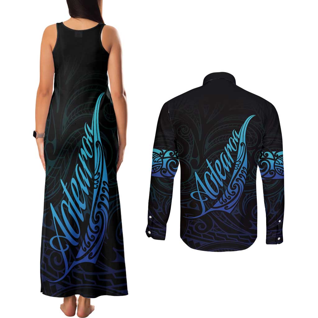 Aotearoa New Zealand Couples Matching Tank Maxi Dress and Long Sleeve Button Shirt Koru Fern Blue Gradient LT05 - Polynesian Pride