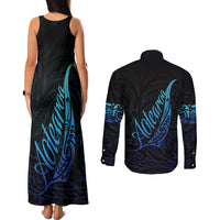 Aotearoa New Zealand Couples Matching Tank Maxi Dress and Long Sleeve Button Shirt Koru Fern Blue Gradient LT05 - Polynesian Pride