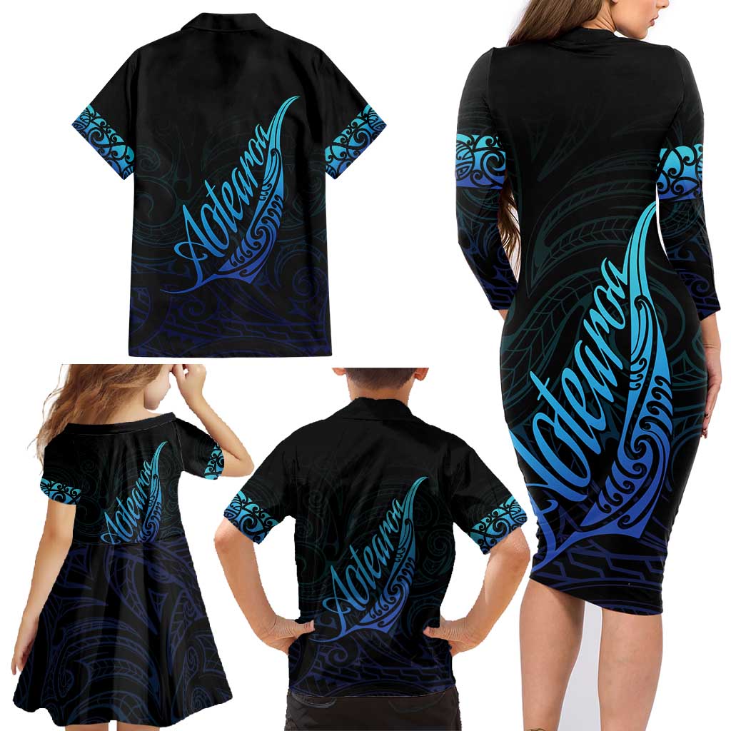Aotearoa New Zealand Family Matching Long Sleeve Bodycon Dress and Hawaiian Shirt Koru Fern Blue Gradient LT05 - Polynesian Pride