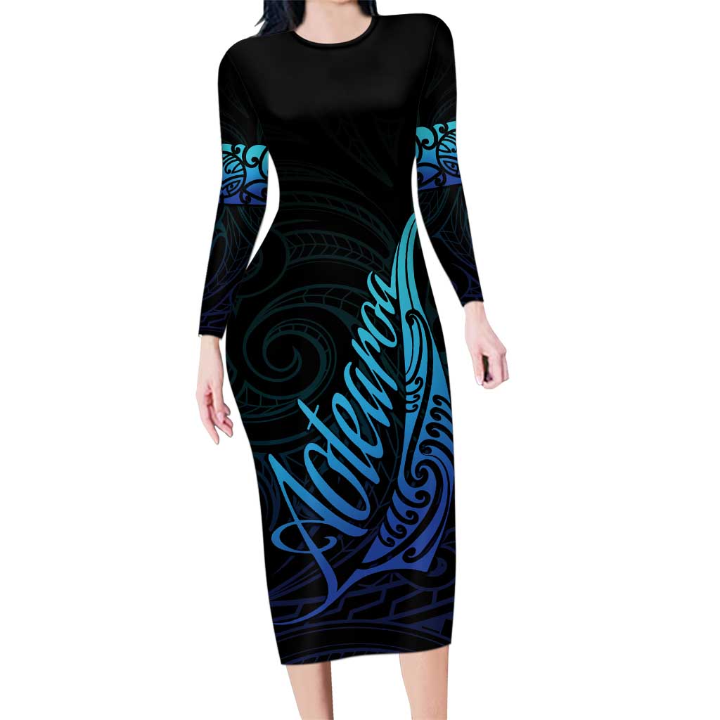 Aotearoa New Zealand Family Matching Long Sleeve Bodycon Dress and Hawaiian Shirt Koru Fern Blue Gradient LT05 Mom's Dress Blue - Polynesian Pride