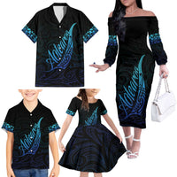 Aotearoa New Zealand Family Matching Off The Shoulder Long Sleeve Dress and Hawaiian Shirt Koru Fern Blue Gradient LT05 - Polynesian Pride