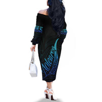 Aotearoa New Zealand Family Matching Off The Shoulder Long Sleeve Dress and Hawaiian Shirt Koru Fern Blue Gradient LT05 - Polynesian Pride