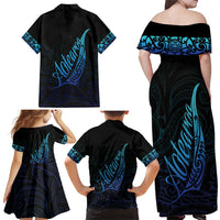 Aotearoa New Zealand Family Matching Off Shoulder Maxi Dress and Hawaiian Shirt Koru Fern Blue Gradient LT05 - Polynesian Pride