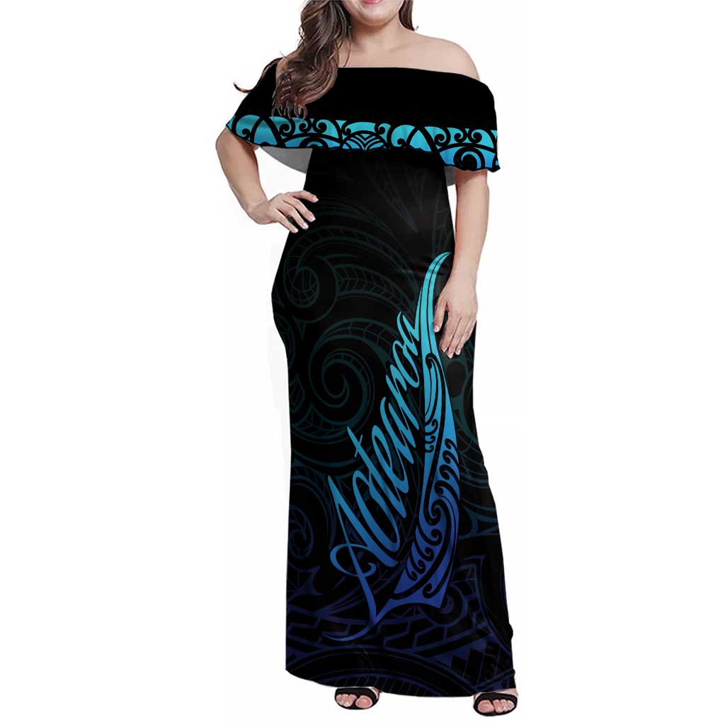 Aotearoa New Zealand Family Matching Off Shoulder Maxi Dress and Hawaiian Shirt Koru Fern Blue Gradient LT05 Mom's Dress Blue - Polynesian Pride